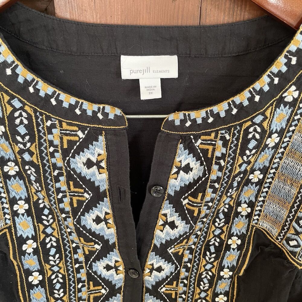 pure jill Elements 2x Black Embroidered Boho Lagenlook Blouse  - Picture 2 of 6